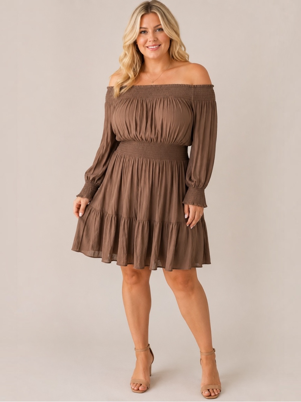 Gianni Bini Off Shoulder Smocked Dress Brown Olive Boho Peasant L